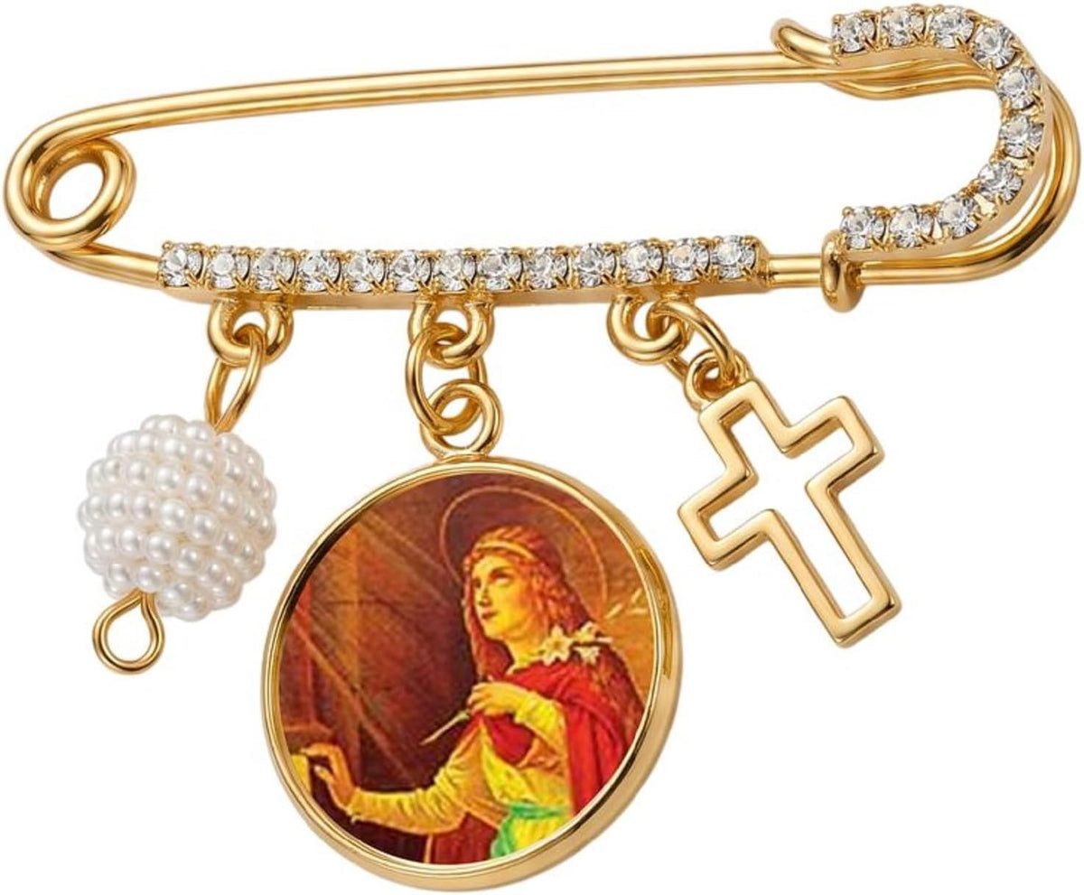 St. Philomena Catholic Prayer Pin Brooch, Gold-Tone Rhinestone Safety Pin with Saint Medal, Cross Charm, Pearl Bead Accent & English Prayer Card, Religious Faith Jewelry Gift