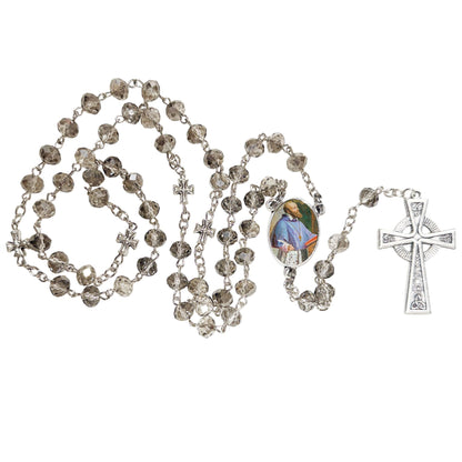 Saint Francis of Sales Patron of the Deaf Handcrafted Smoke Quartz Crystal Rosary with Silver‑Plated Crucifix and Color Image Centerpiece – Cross Pater Nosters and Prayer Card Included