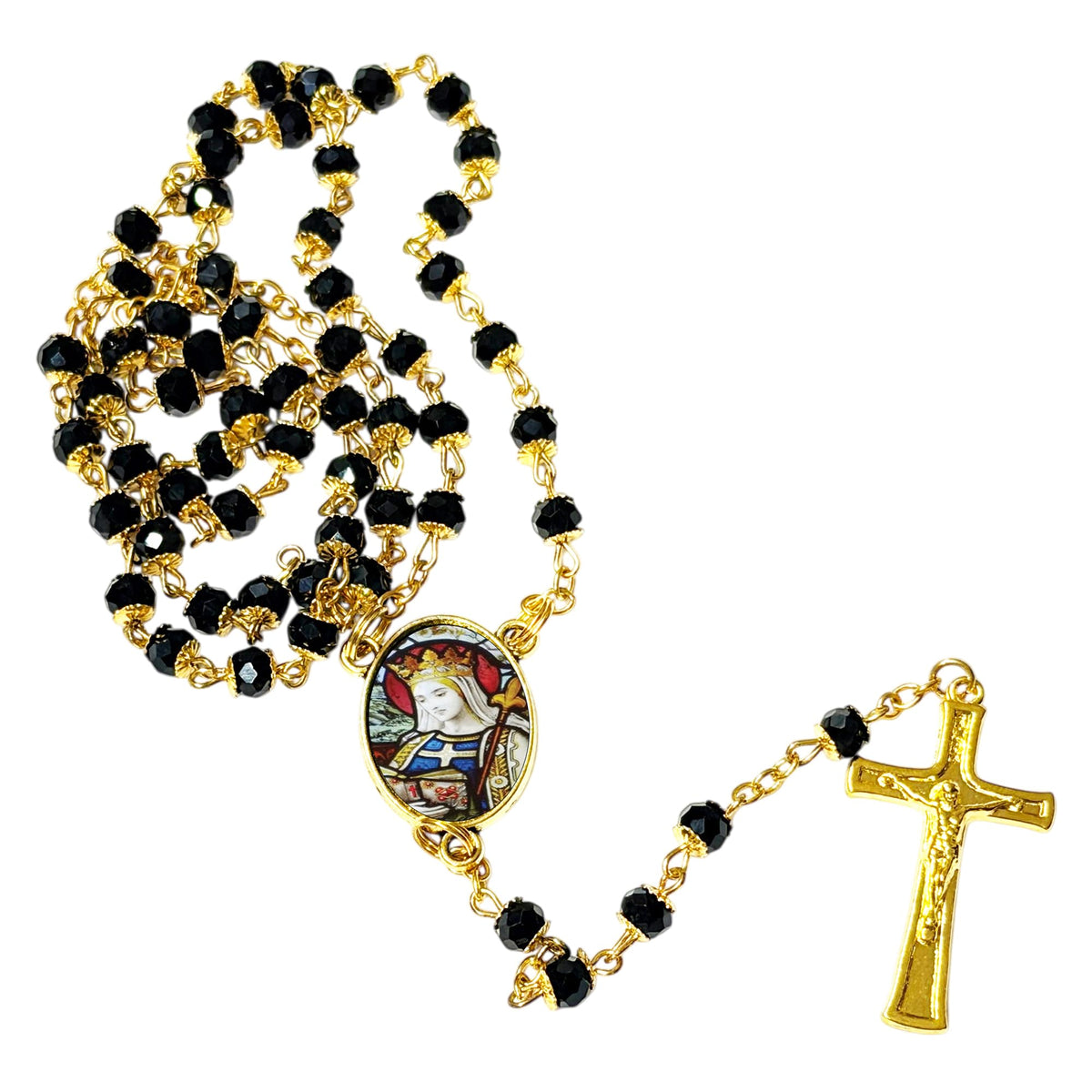 Saint Margaret of Scotland Patron of Scotland Handcrafted rosary jet black quartz capped beads gold plated findings, crucifix, medal centerpiece with color image and a prayer card