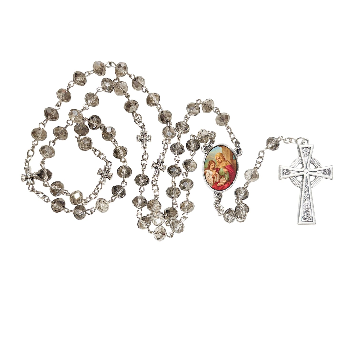 Saint Anne Mother of the Blessed Virgin Mary Patroness of Housewives and Women Handcrafted Smoke Quartz Crystal Rosary with Silver‑Plated Crucifix and Color Image Centerpiece – Cross Pater Nosters and Prayer Card Included