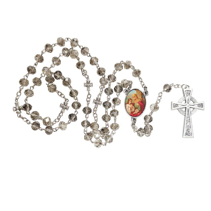 Saint Anne Mother of the Blessed Virgin Mary Patroness of Housewives and Women Handcrafted Smoke Quartz Crystal Rosary with Silver‑Plated Crucifix and Color Image Centerpiece – Cross Pater Nosters and Prayer Card Included
