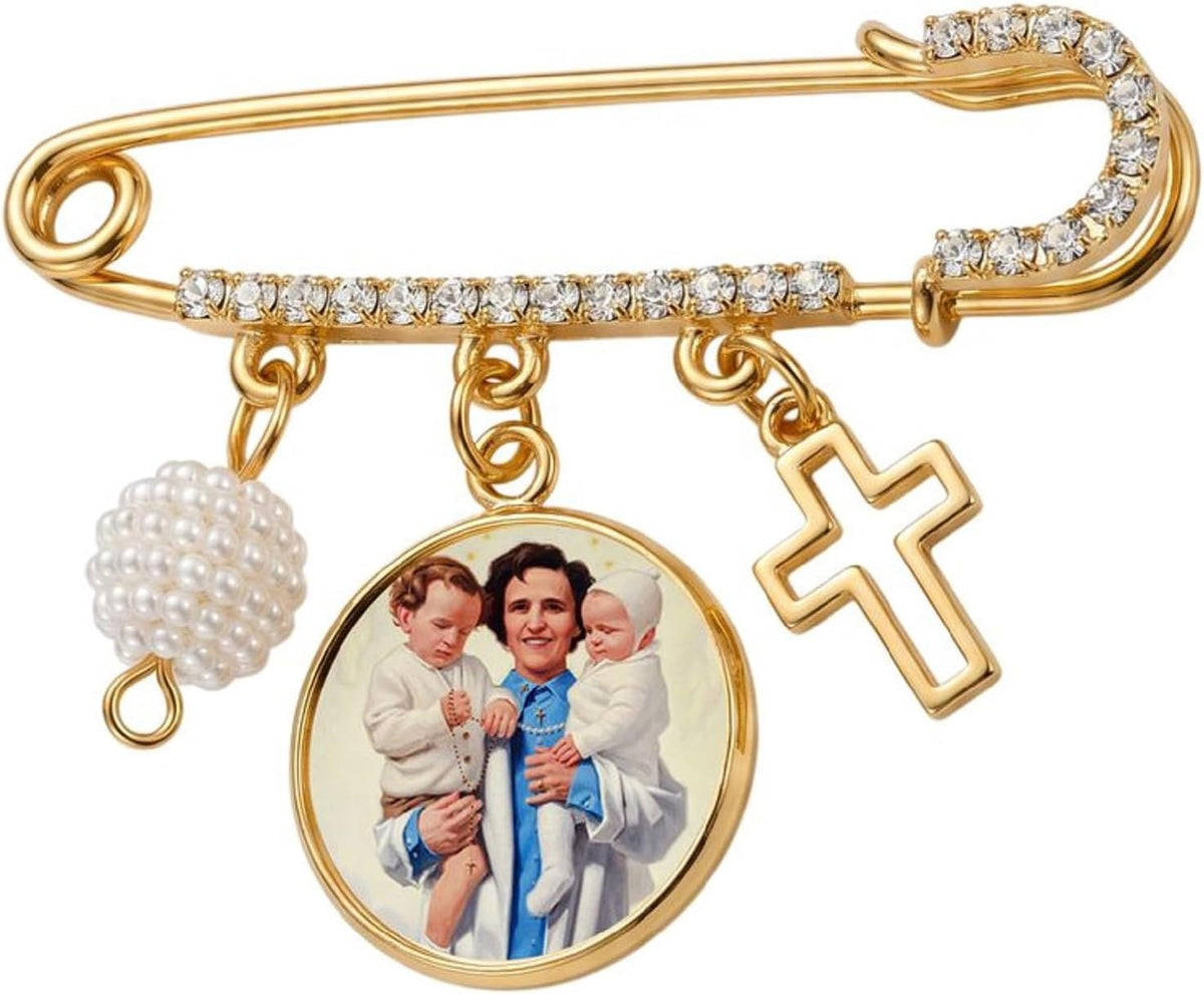 St. Gianna Beretta Molla Catholic Prayer Pin Brooch, Gold-Tone Rhinestone Safety Pin with Saint Medal, Cross Charm, Pearl Bead Accent & English Prayer Card, Religious Faith Jewelry Gift