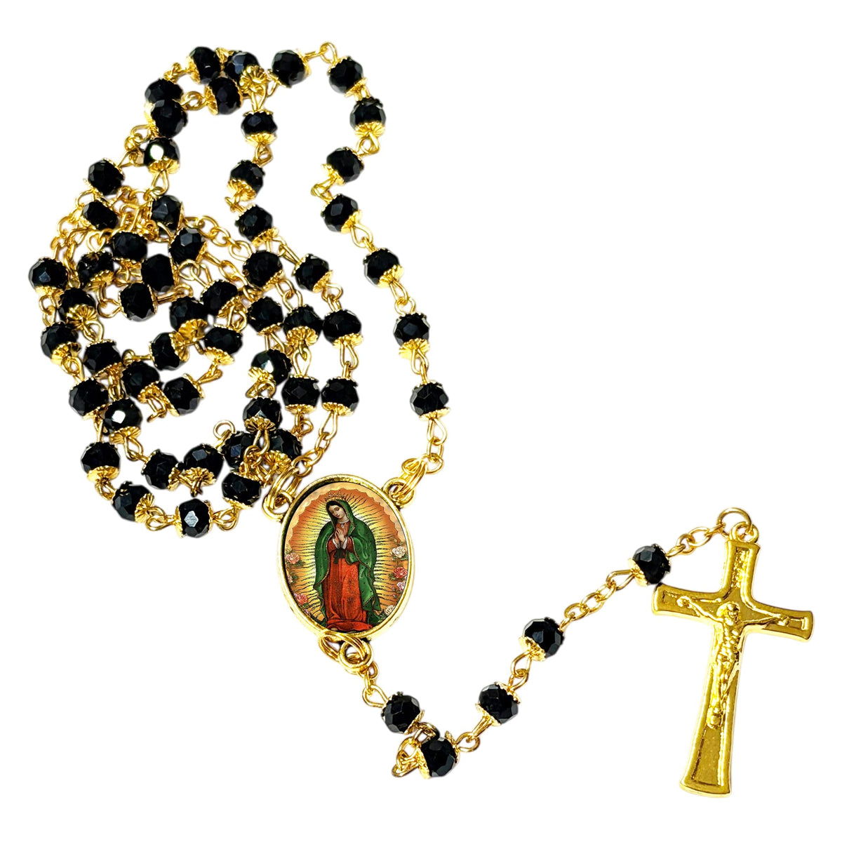Our Lady of Guadalupe Patron of the Americas Handcrafted rosary jet black quartz capped beads gold plated findings, crucifix, medal centerpiece with color image and a prayer card