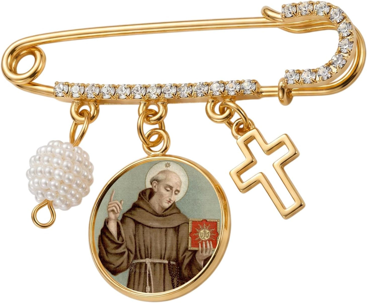 St. Bernardine of Siena Catholic Prayer Pin Brooch, Gold-Tone Rhinestone Safety Pin with Saint Medal, Cross Charm, White Beaded Accent and English Prayer Card, Religious Faith Jewelry Gift