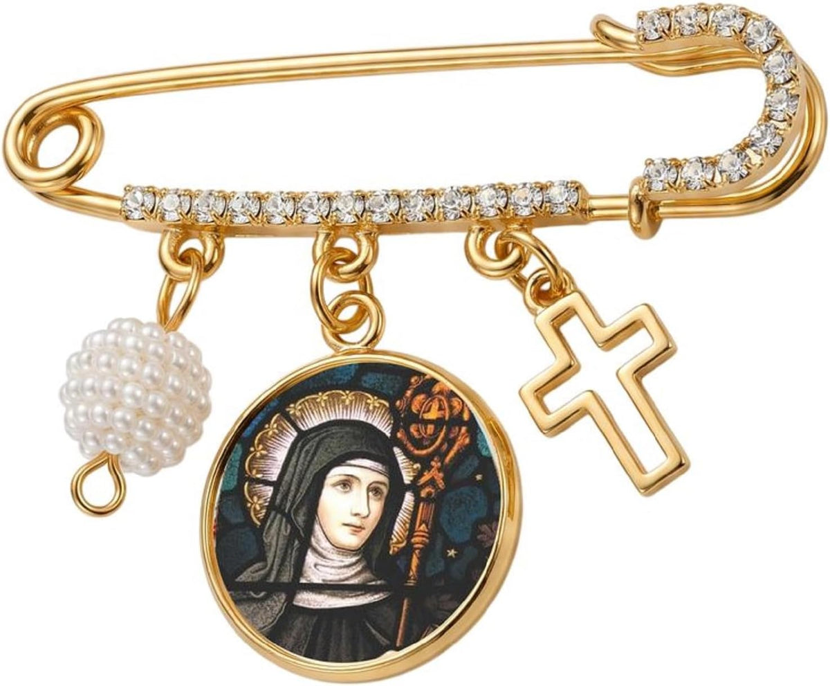 St. Gertrude the Great Catholic Prayer Pin Brooch, Gold-Tone Rhinestone Safety Pin with Saint Medal, Cross Charm, Pearl Bead Accent & English Prayer Card, Religious Faith Jewelry Gift
