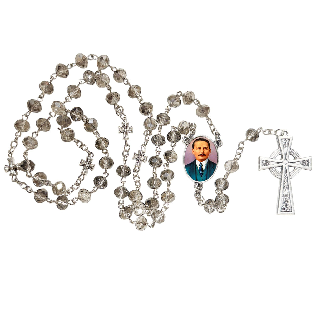 San Jose Gregorio Hernandez Medico Venezolano Handcrafted Smoke Quartz Crystal Rosary with Silver‑Plated Crucifix and Color Image Centerpiece – Cross Pater Nosters and Prayer Card Included IN SPANISH