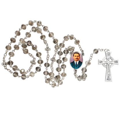 San Jose Gregorio Hernandez Medico Venezolano Handcrafted Smoke Quartz Crystal Rosary with Silver‑Plated Crucifix and Color Image Centerpiece – Cross Pater Nosters and Prayer Card Included IN SPANISH