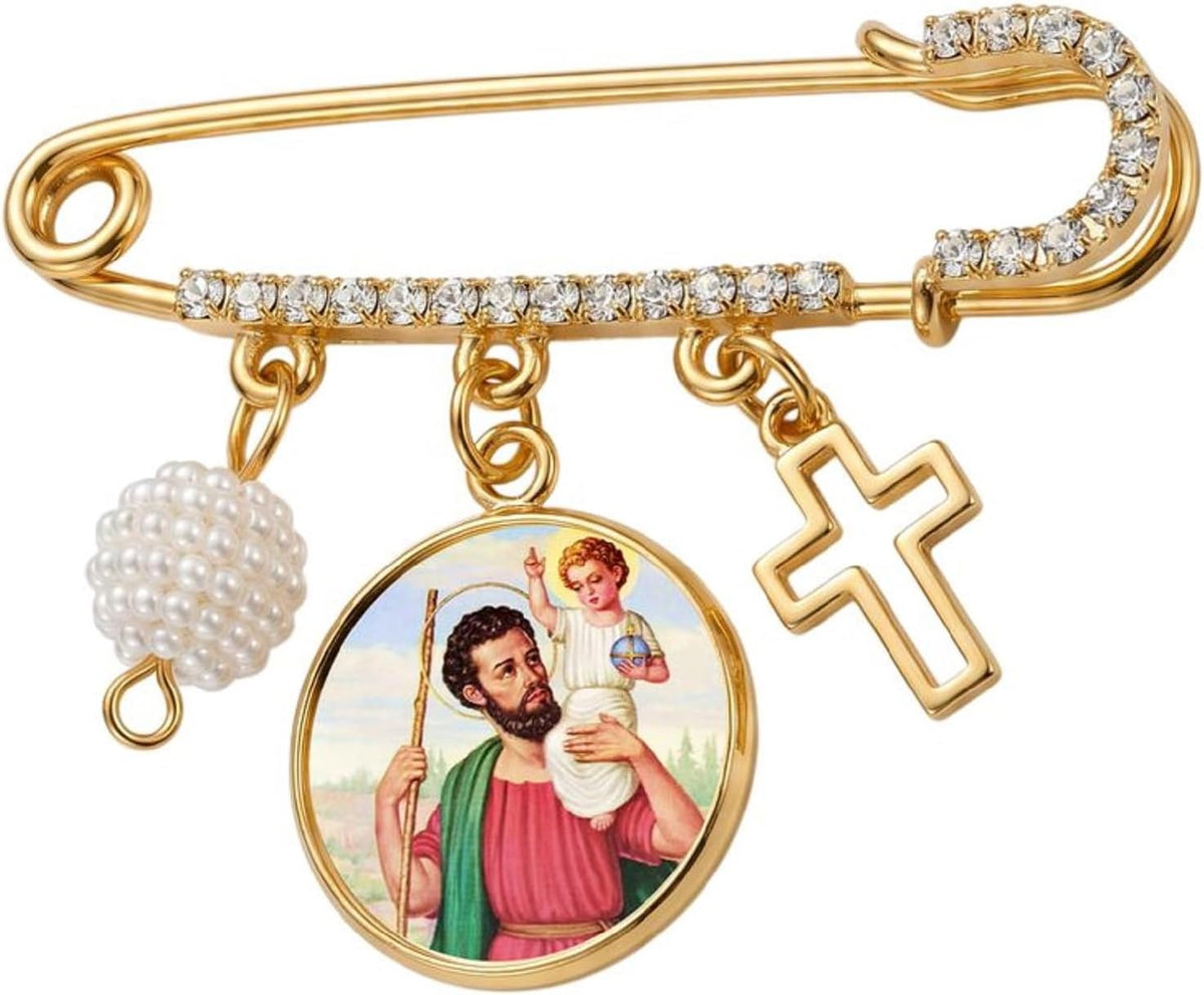 St. Christopher Catholic Prayer Pin Brooch, Gold-Tone Rhinestone Safety Pin with Saint Medal, Cross Charm, Pearl Bead Accent & English Prayer Card, Religious Faith Jewelry Gift