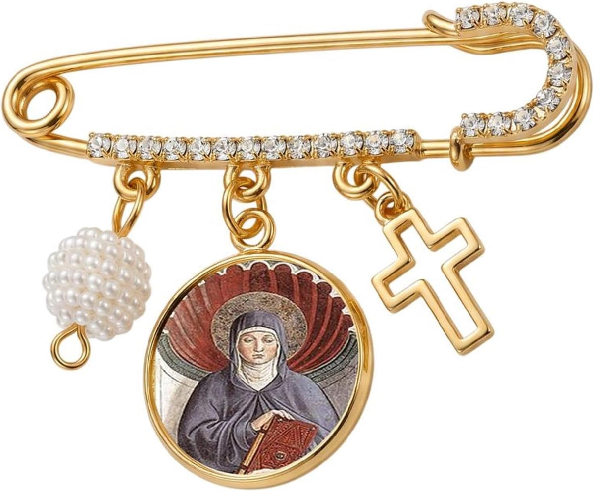 Saint Monica Catholic Prayer Pin Brooch, Gold-Tone Rhinestone Safety Pin with Saint Medal, Cross Charm, White Pearl Bead Accent & English Prayer Card, Religious Faith Jewelry Gift