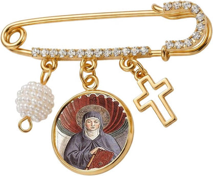Saint Monica Catholic Prayer Pin Brooch, Gold-Tone Rhinestone Safety Pin with Saint Medal, Cross Charm, White Pearl Bead Accent & English Prayer Card, Religious Faith Jewelry Gift