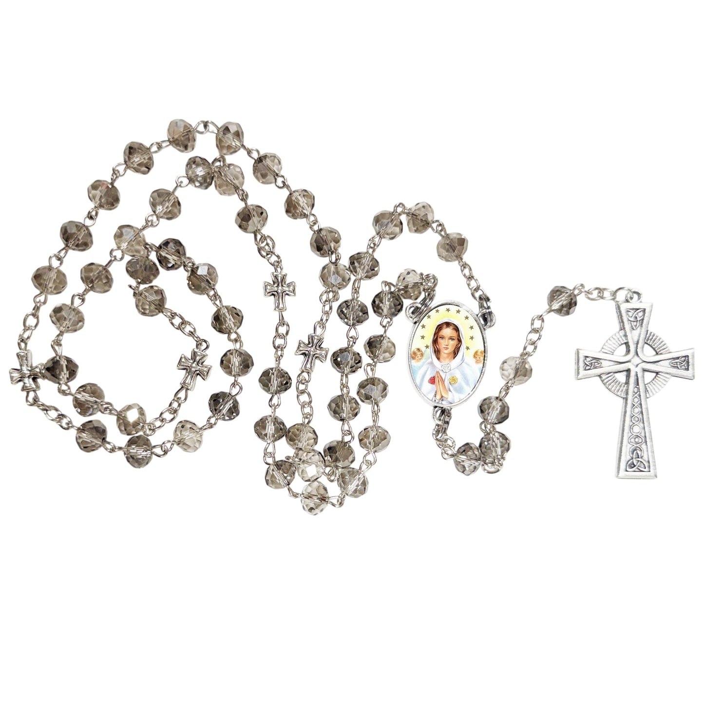 Maria Rosa Mistica Pureza Amor y Humildad Rosario artesanal de cristal de cuarzo ahumado con crucifijo bañado en plata y centro con imagen a color – crucifijos por Padre Nuestros y postal de rezo EN ESPANOL