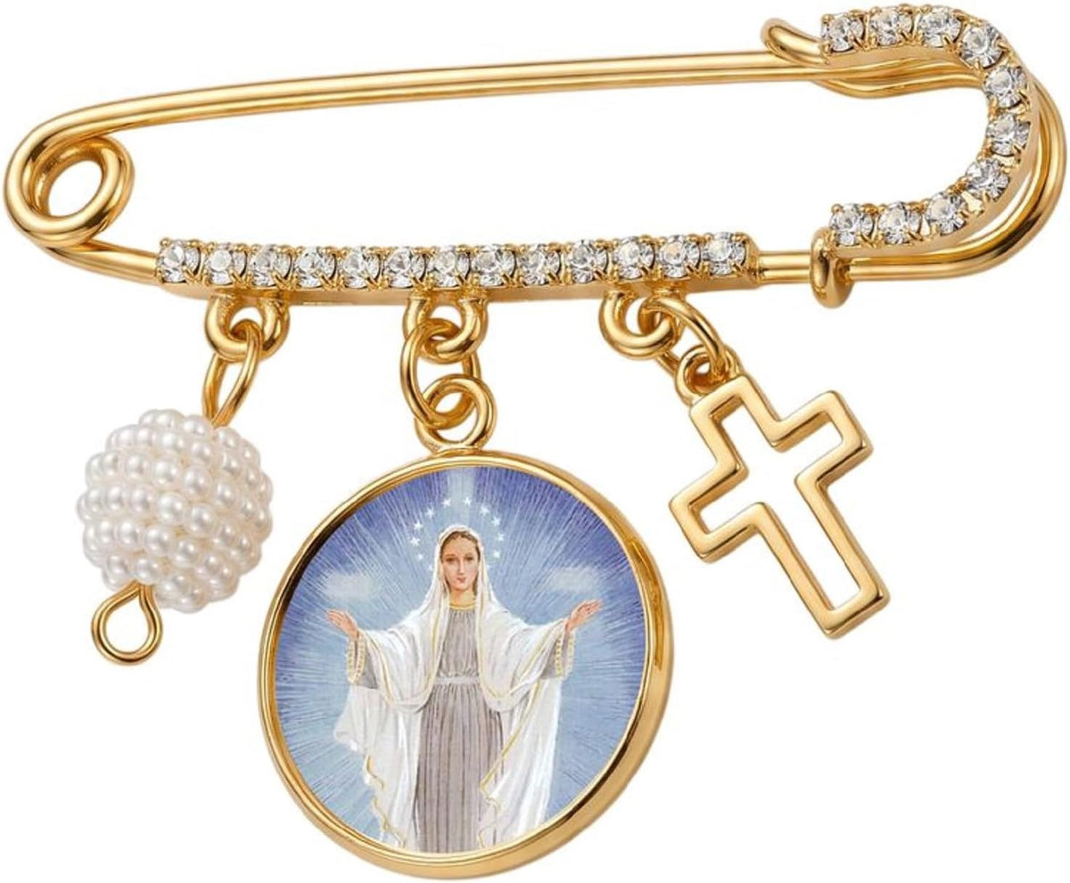 Queen of Peace Catholic Prayer Pin Brooch, Gold-Tone Rhinestone Safety Pin with Virgin Mary Medal, Cross Charm, White Pearl Bead Accent & English Prayer Card, Religious Faith Jewelry Gift