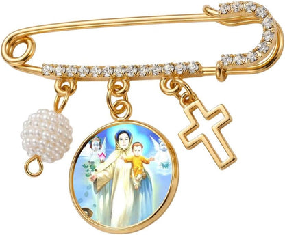 Our Lady of La Vang Catholic Prayer Pin Brooch, Gold-Tone Rhinestone Safety Pin with Saint Medal, Cross Charm, White Pearl Bead Accent & English Prayer Card, Religious Faith Jewelry Gift