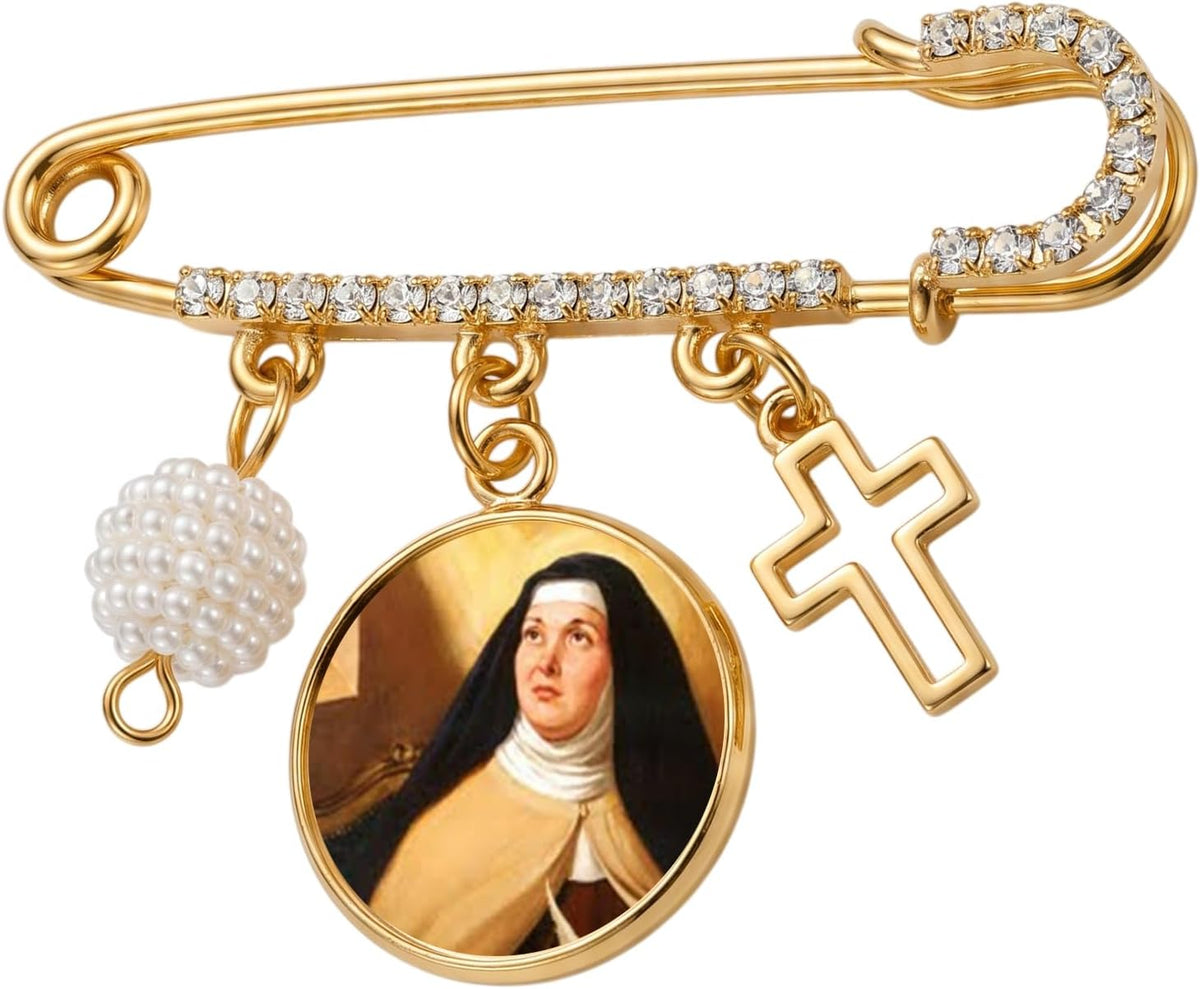 St. Teresa of Ávila Gold-Tone Safety Pin Brooch with Saint Medal, Cross Charm, Pearl Accent & Crystal Details, Catholic Religious Faith Pin, Inspirational Gift