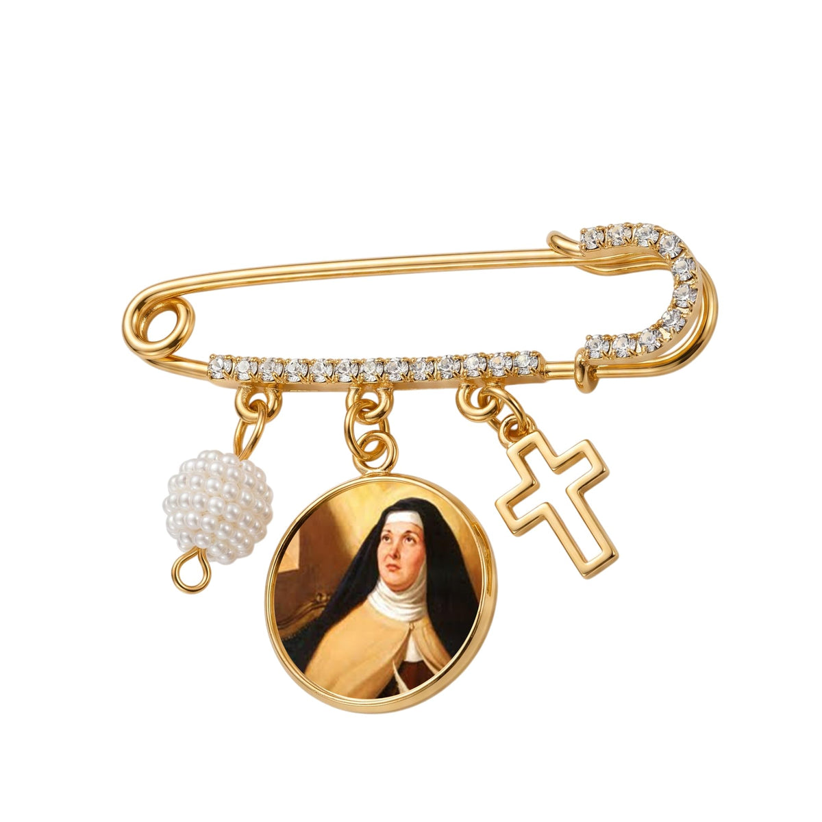 St. Teresa of Ávila Gold-Tone Safety Pin Brooch with Saint Medal, Cross Charm, Pearl Accent & Crystal Details, Catholic Religious Faith Pin, Inspirational Gift