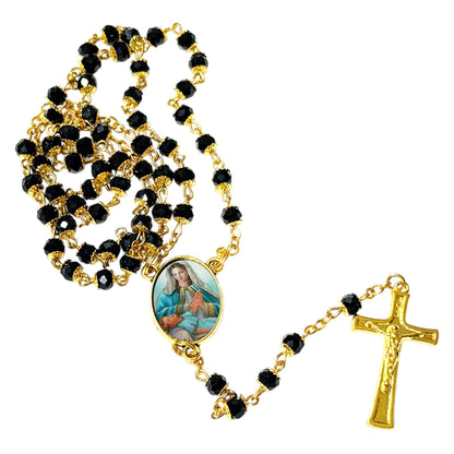 Our Lady of Divine Providence Patron of Puerto Rico Handcrafted rosary jet black quartz capped beads gold plated findings, crucifix, medal centerpiece with color image and a prayer card