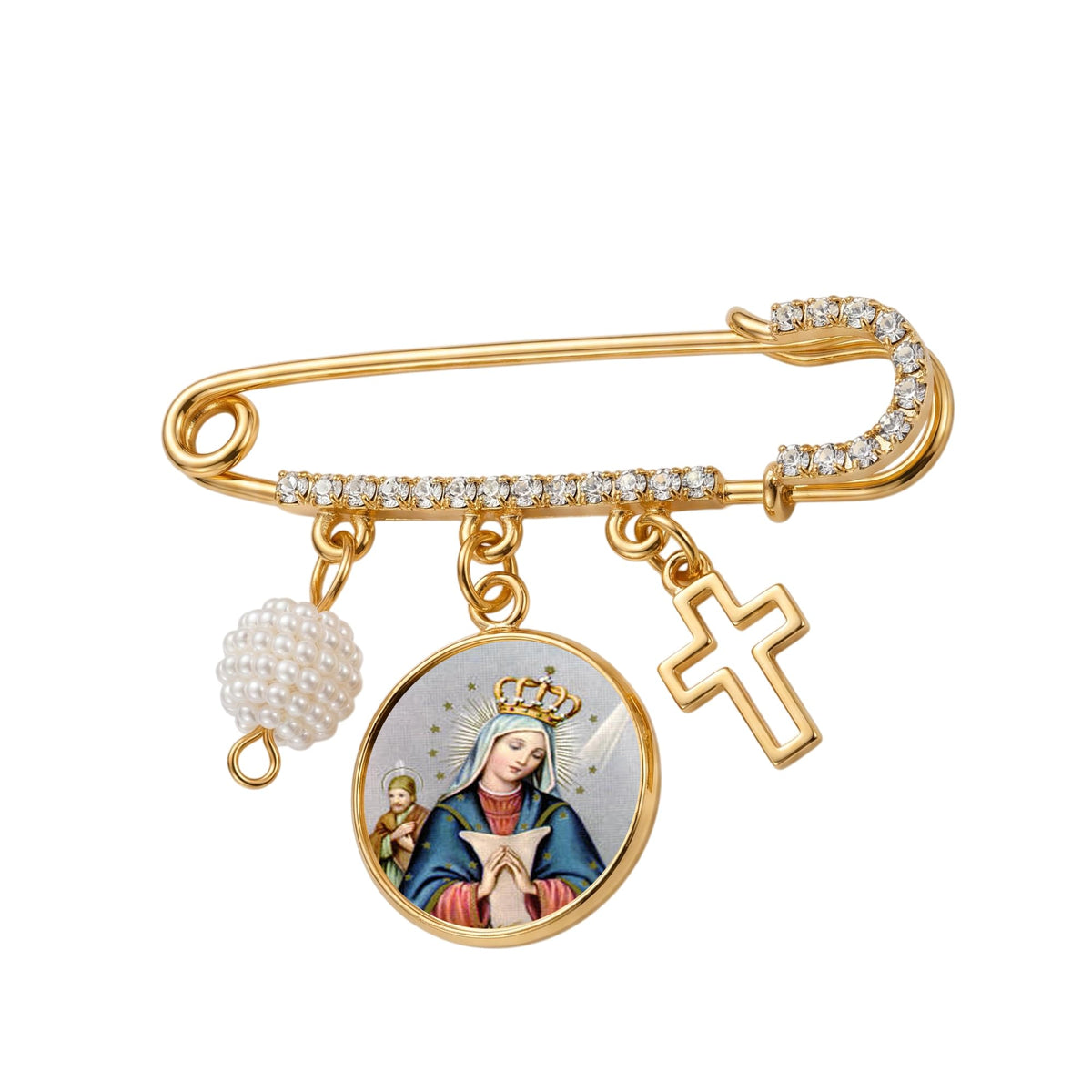 Broche Imperdible Dorado Virgen de la Altagracia con Medalla, Cruz, Perla y Detalles de Cristal. Pin Religioso Inspirador de Fe
