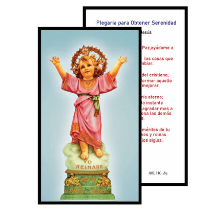 Divino Niño Jesus Divino Niño de Bogota YO REINARE Rosario artesanal de cristal de cuarzo ahumado con crucifijo bañado en plata y centro con imagen a color – crucifijos por Padre Nuestros y postal de rezo EN ESPANOL LA ORACION PARA LA SERENIDAD