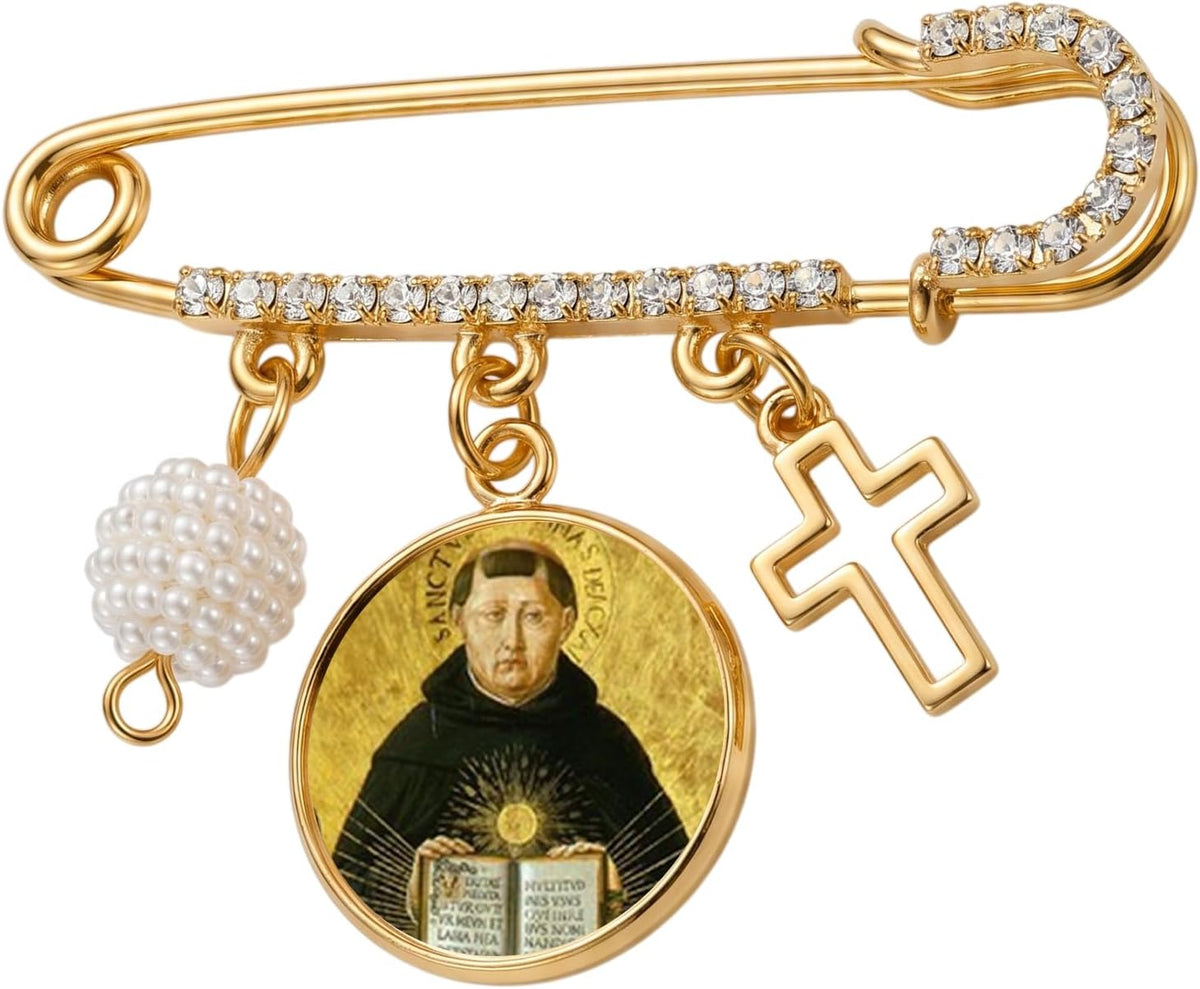 Santo Tomás de Aquino Patrono de los Estudiantes Broche Imperdible Dorado con Medalla de Santo Cruz Dijes de Perla y Detalles de Cristal Pin Religioso Inspirador de Fe