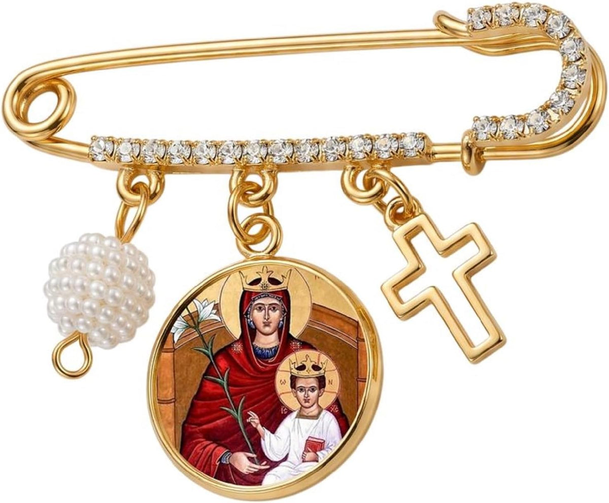 Our Lady of Walsingham Catholic Prayer Pin Brooch, Gold-Tone Rhinestone Safety Pin with Virgin Mary Medal, Cross Charm, White Pearl Bead Accent & English Prayer Card, Religious Faith Jewelry Gift