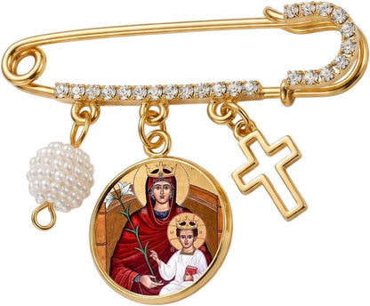 Our Lady of Walsingham Catholic Prayer Pin Brooch, Gold-Tone Rhinestone Safety Pin with Virgin Mary Medal, Cross Charm, White Pearl Bead Accent & English Prayer Card, Religious Faith Jewelry Gift