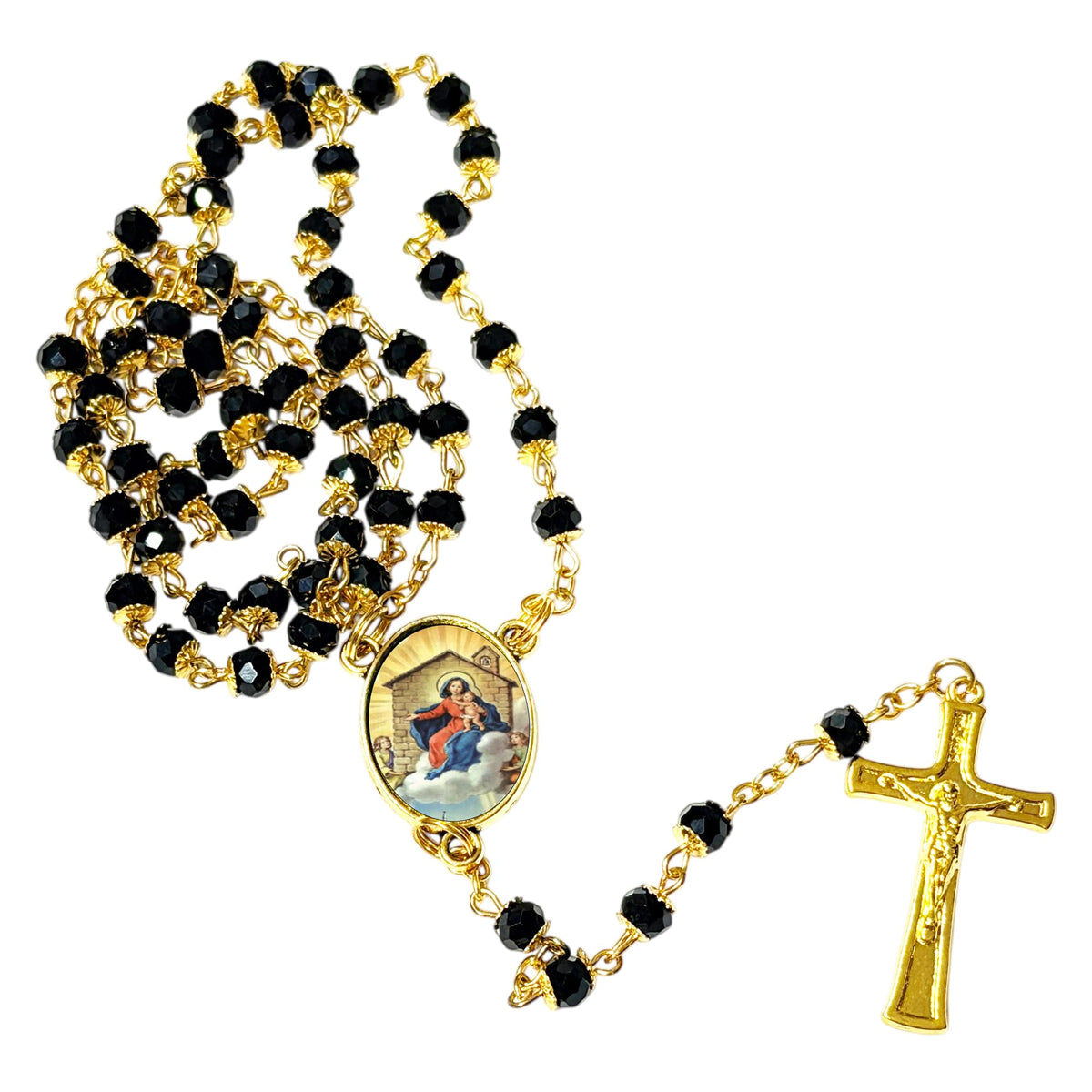 Our Lady of Loretto Handcrafted rosary jet black quartz capped beads gold plated findings, crucifix, medal centerpiece with color image and a prayer card