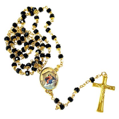 Our Lady of Loretto Handcrafted rosary jet black quartz capped beads gold plated findings, crucifix, medal centerpiece with color image and a prayer card