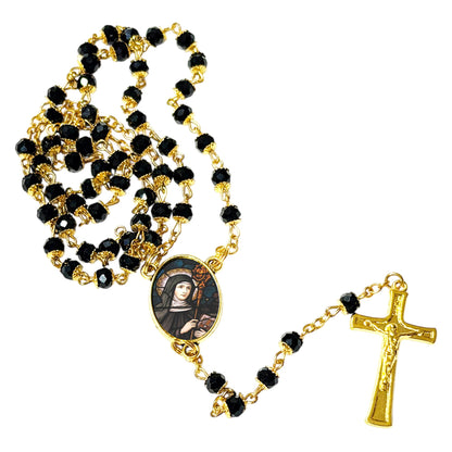 Saint Gertrude Patron of Cats and the Dead Handcrafted rosary jet black quartz capped beads gold plated findings, crucifix, medal centerpiece with color image and a prayer card