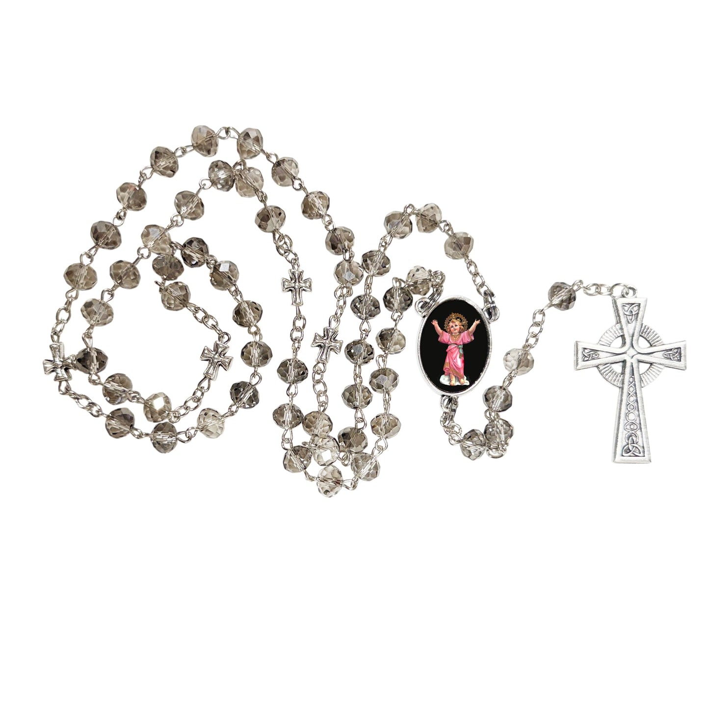 Divino Niño Jesus Divino Niño de Bogota YO REINARE Rosario artesanal de cristal de cuarzo ahumado con crucifijo bañado en plata y centro con imagen a color – crucifijos por Padre Nuestros y postal de rezo EN ESPANOL LA ORACION PARA LA SERENIDAD