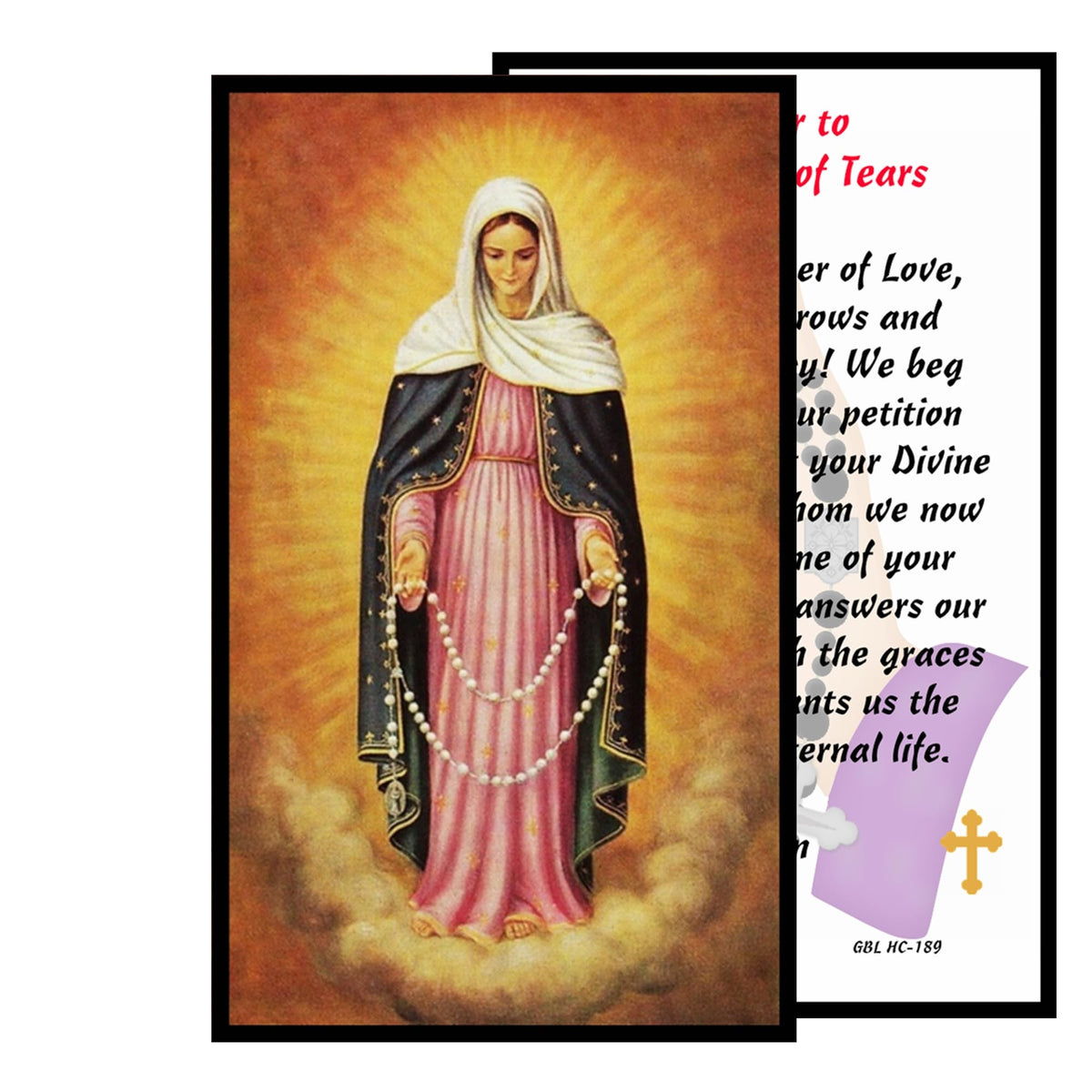Our Lady of Tears Nossa Senhora das Lágrimas Brazilian Marian Devotion Handcrafted rosary jet black quartz capped beads gold plated findings, crucifix, medal centerpiece with color image and a prayer card