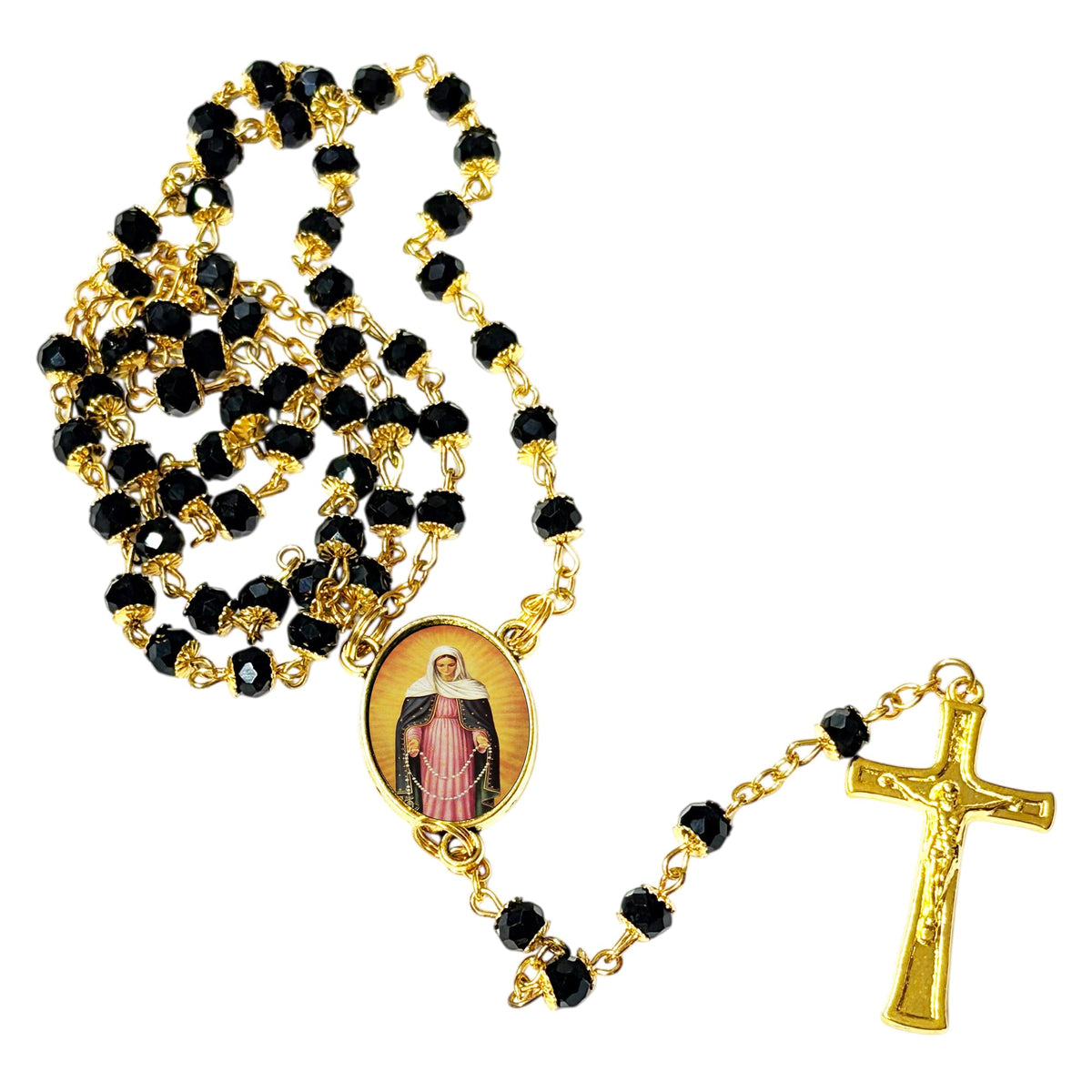 Our Lady of Tears Nossa Senhora das Lágrimas Brazilian Marian Devotion Handcrafted rosary jet black quartz capped beads gold plated findings, crucifix, medal centerpiece with color image and a prayer card