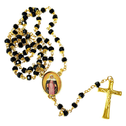 Our Lady of Tears Nossa Senhora das Lágrimas Brazilian Marian Devotion Handcrafted rosary jet black quartz capped beads gold plated findings, crucifix, medal centerpiece with color image and a prayer card