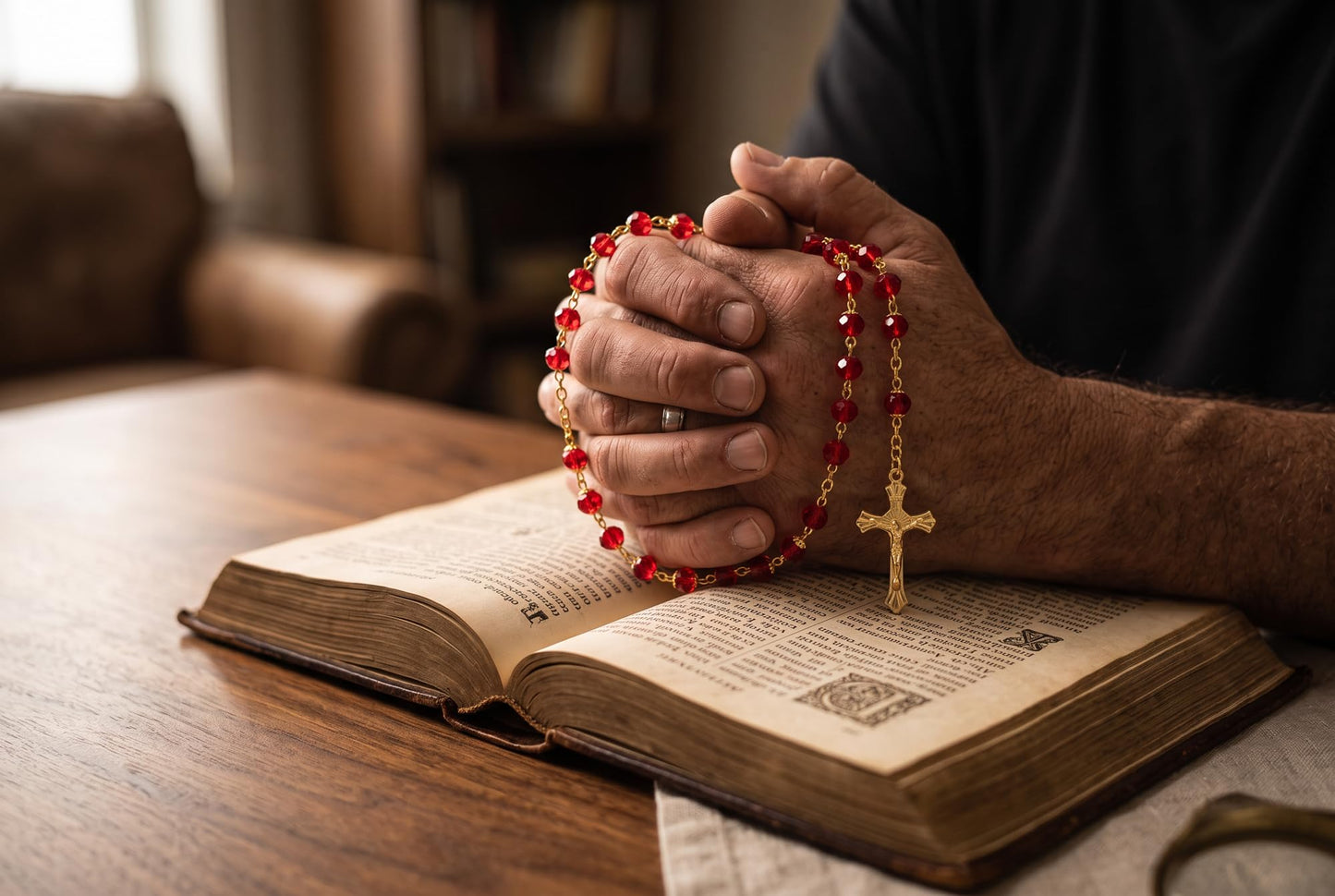 Saint Catherine of Bologna Patron of Artists Handcrafted Scarlett Red Crystal Rosary with All Capped Beads Gold Plated Findings a Cabochon Bezel Center with Color Image and Gold Includes a Prayer Card IN ENGLISH