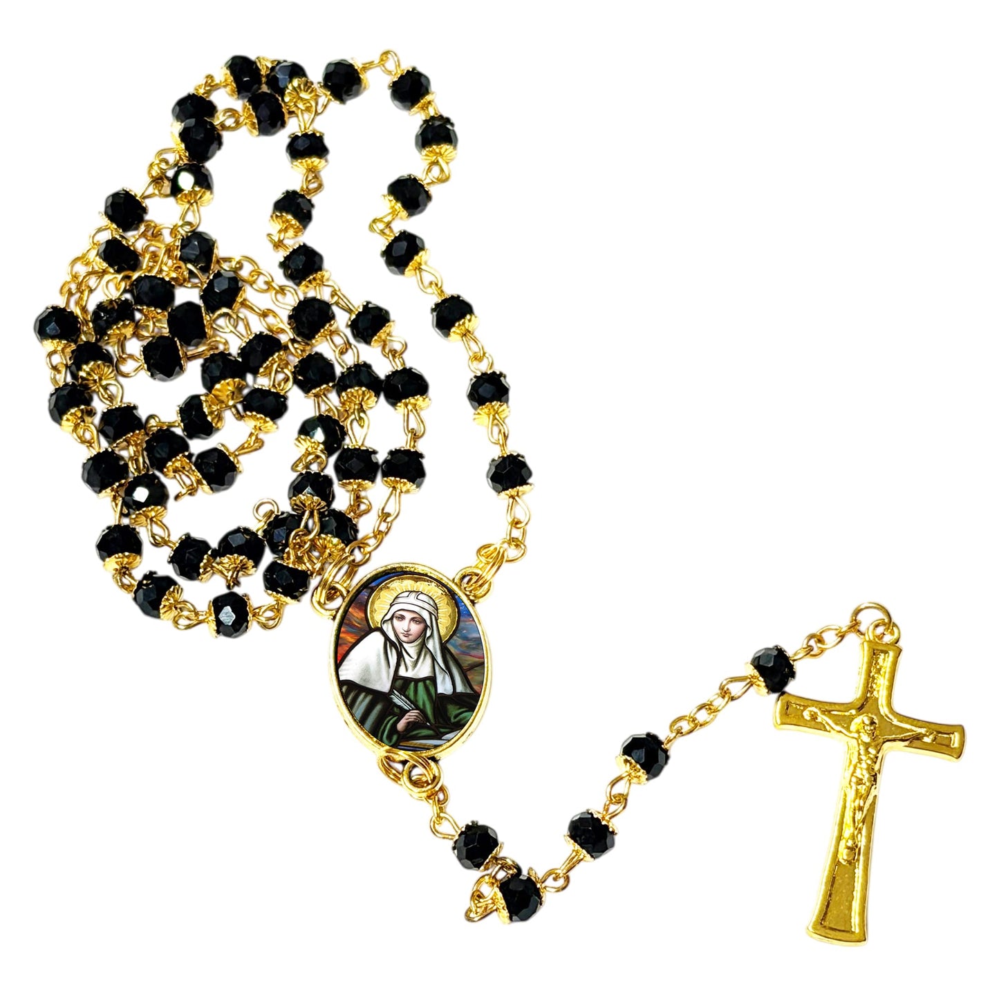 Saint Bridgit of Sweden Patron of Sweden Handcrafted rosary jet black quartz capped beads gold plated findings, crucifix, medal centerpiece with color image and a prayer card IN ENGLISH