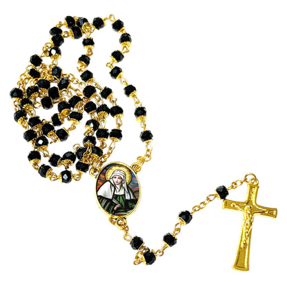 Saint Bridgit of Sweden Patron of Sweden Handcrafted rosary jet black quartz capped beads gold plated findings, crucifix, medal centerpiece with color image and a prayer card IN ENGLISH