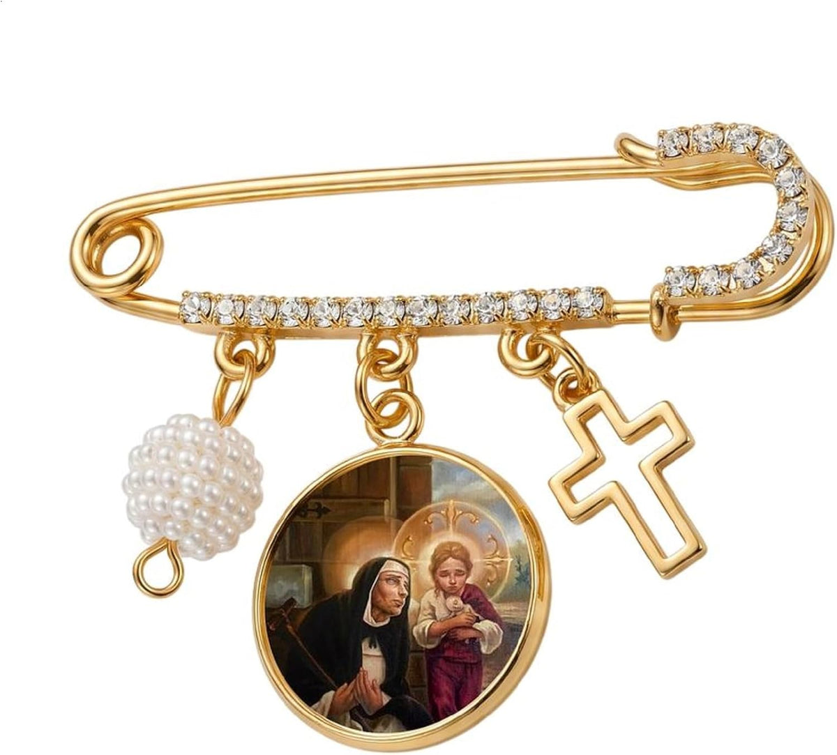 St. Margaret of Castello Catholic Prayer Pin Brooch, Gold-Tone Rhinestone Safety Pin with Saint Medal, Cross Charm, White Pearl Bead Accent & English Prayer Card, Religious Faith Jewelry Gift
