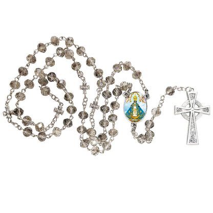 Nuestra Senora de San Juan de Los Lagos Handcrafted Smoke Quartz Crystal Rosary with Silver‑Plated Crucifix and Color Image Centerpiece – Cross Pater Nosters and Prayer Card Included IN SPANISH