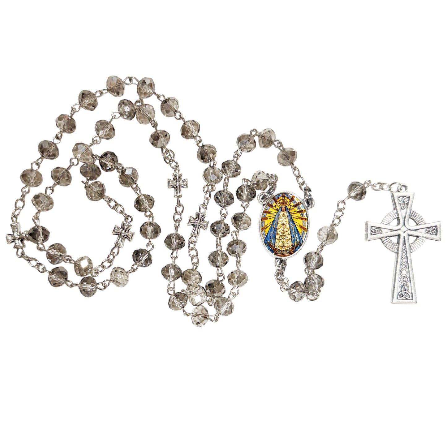 Virgen de Lujan Patrona de Argentina Uruguay y Paraguay Handcrafted Smoke Quartz Crystal Rosary with Silver‑Plated Crucifix and Color Image Centerpiece – Cross Pater Nosters and Prayer Card Included IN SPANISH