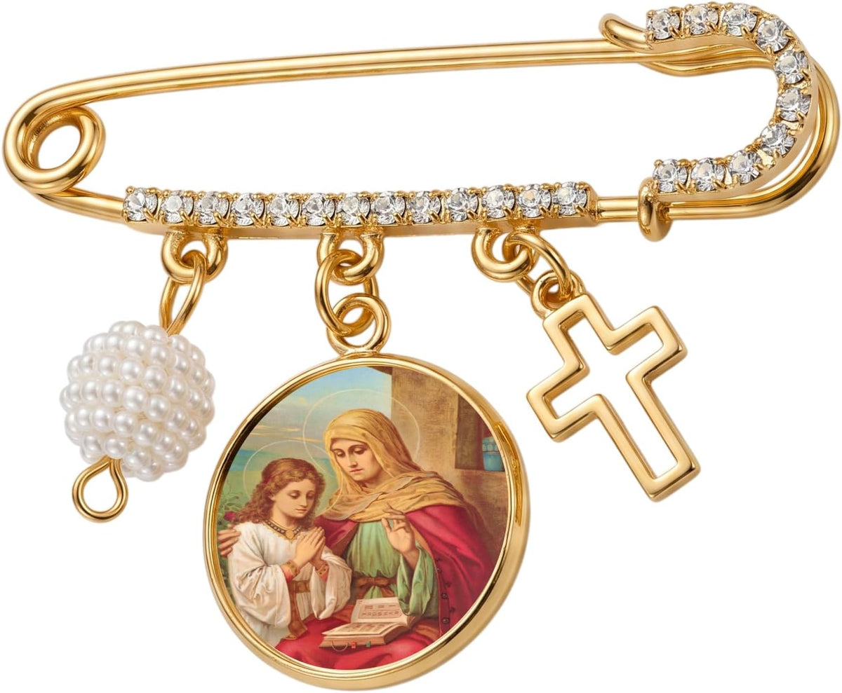 Saint Anne Patron of Grandmothers Gold-Tone Safety Pin Brooch with Saint Medal Cross Charm Pearl Accent and Crystal Details Inspirational Religious Faith Pin