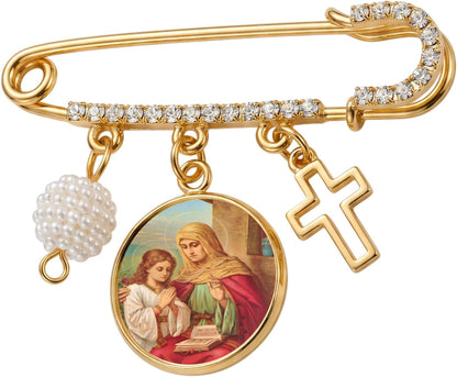 Saint Anne Patron of Grandmothers Gold-Tone Safety Pin Brooch with Saint Medal Cross Charm Pearl Accent and Crystal Details Inspirational Religious Faith Pin