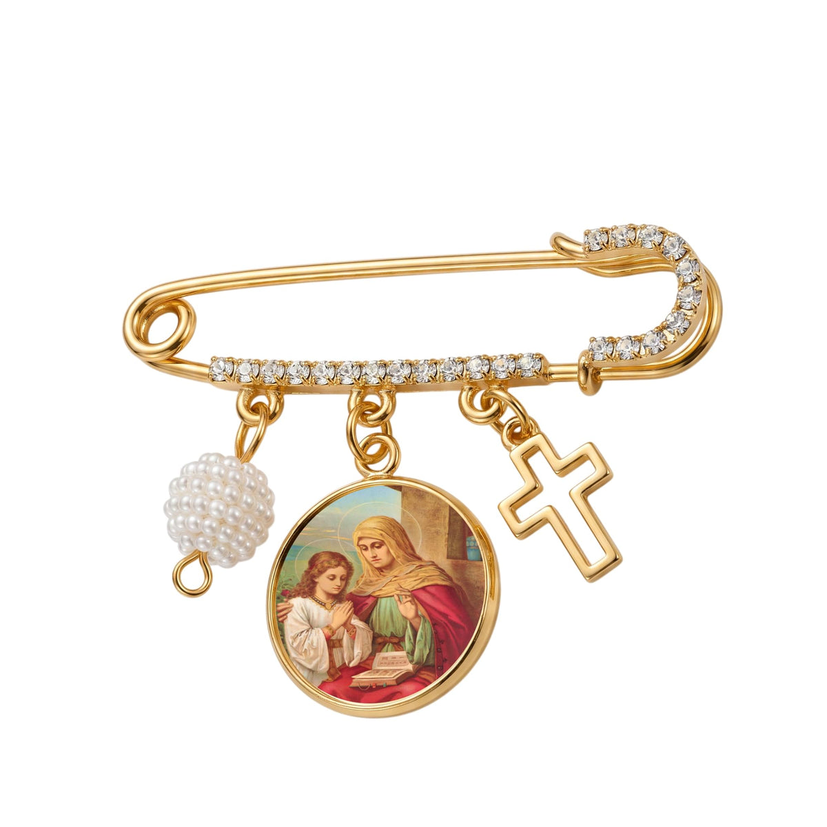 Saint Anne Patron of Grandmothers Gold-Tone Safety Pin Brooch with Saint Medal Cross Charm Pearl Accent and Crystal Details Inspirational Religious Faith Pin