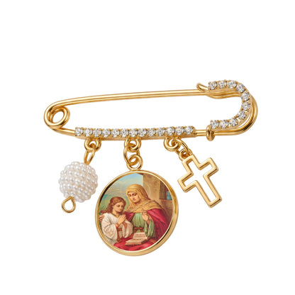 Saint Anne Patron of Grandmothers Gold-Tone Safety Pin Brooch with Saint Medal Cross Charm Pearl Accent and Crystal Details Inspirational Religious Faith Pin