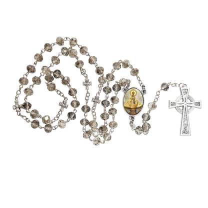 La Virgen de Zapopan La Generala Patrona de Jalisco Rosario artesanal de cristal de cuarzo ahumado con crucifijo bañado en plata y centro con imagen a color – crucifijos por Padre Nuestros y postal de rezo EN ESPANOL