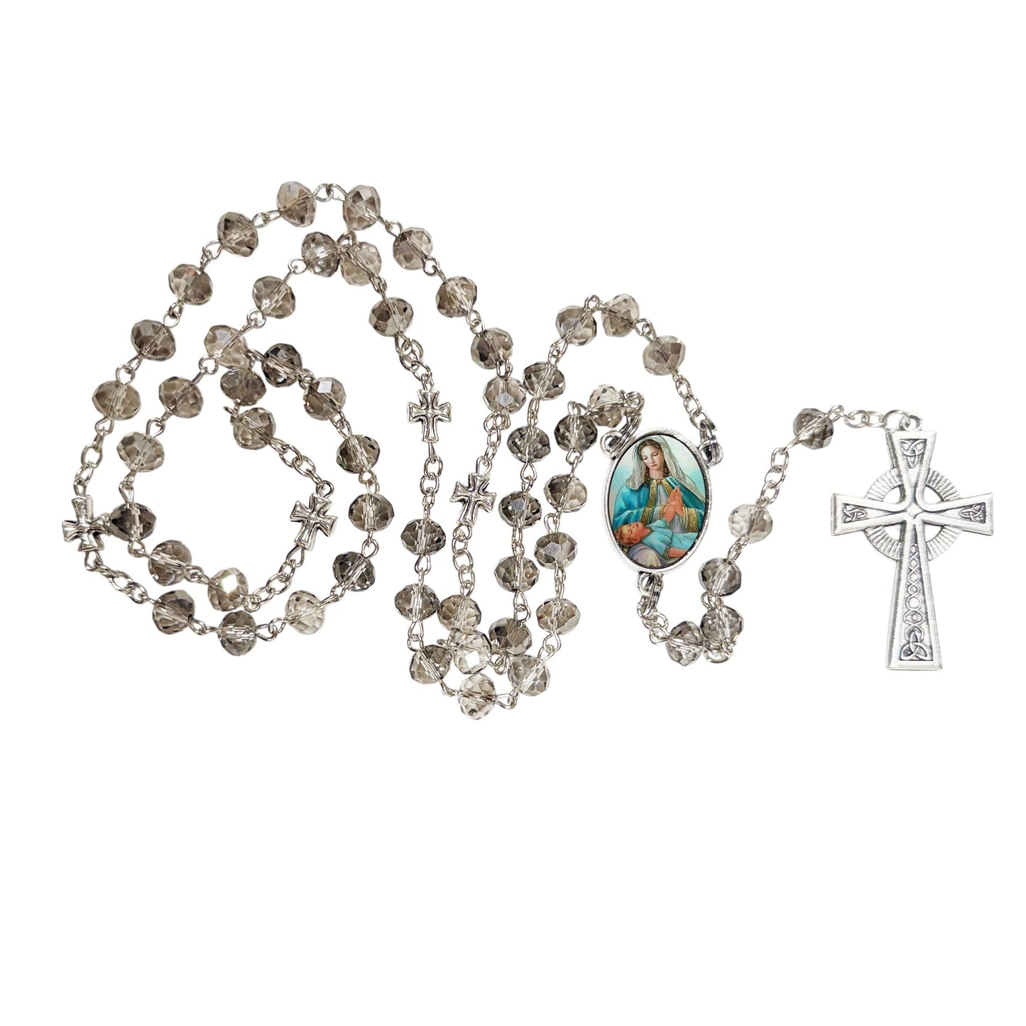 Nuestra Senora de la Divina Providencia Patrona de Puerto Rico Rosario artesanal de cristal de cuarzo ahumado con crucifijo bañado en plata y centro con imagen a color – crucifijos por Padre Nuestros y postal de rezo EN ESPANOL
