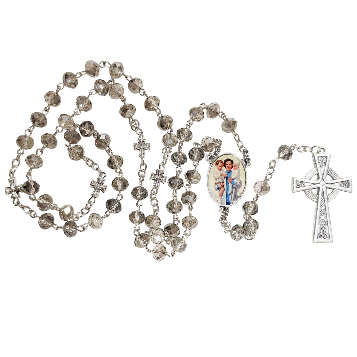 Saint Gianna Beretta Molla Pediatrician Pro-Life Advocate Handcrafted Smoke Quartz Crystal Rosary with Silver‑Plated Crucifix and Color Image Centerpiece Cross Pater Nosters and Prayer Card Included
