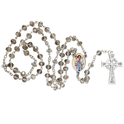 Saint Gianna Beretta Molla Pediatrician Pro-Life Advocate Handcrafted Smoke Quartz Crystal Rosary with Silver‑Plated Crucifix and Color Image Centerpiece Cross Pater Nosters and Prayer Card Included