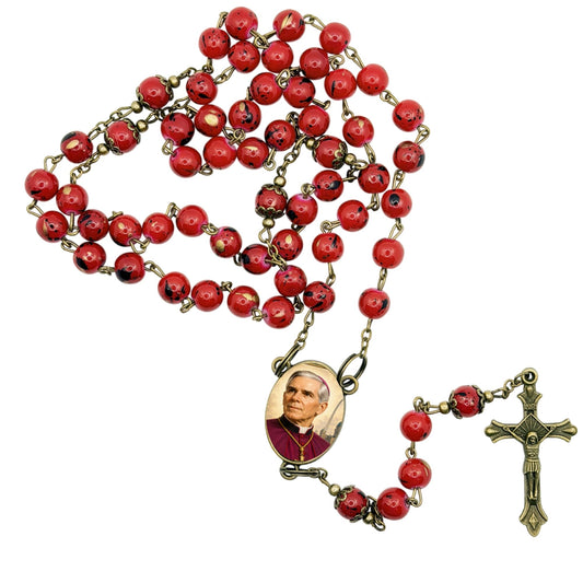 Archbishop Fulton L Sheen Handcrafted Bronze Rosary with Red Round Beads elegant Crucifix and Bronze Medal Centerpiece with color image Includes a prayer card