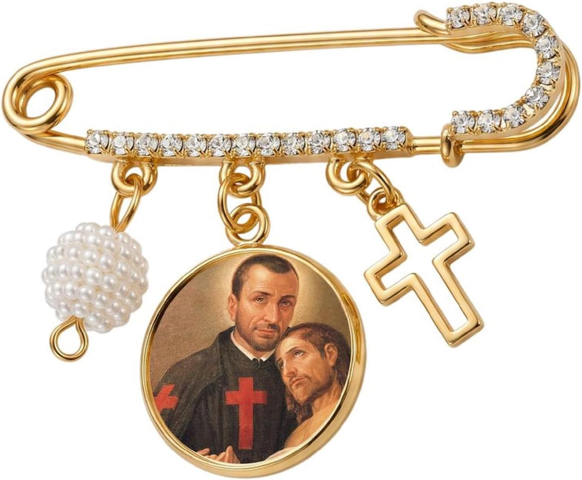 St. Camillus de Lellis Catholic Prayer Pin Brooch, Gold-Tone Rhinestone Safety Pin with Saint Medal, Cross Charm, Pearl Bead Accent & English Prayer Card, Religious Faith Jewelry Gift