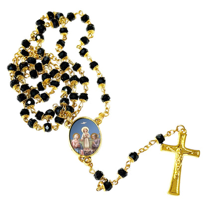The Holy Family Handcrafted rosary jet black quartz capped beads gold plated findings, crucifix, medal centerpiece with color image and a prayer card