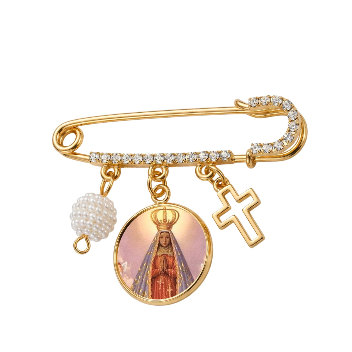 Nossa Senhora Aparecida Gold-Tone Saint Medal Safety Pin Brooch with Cross Charm, Pearl Accent & Crystal Details – Religious Faith Pin for Baptism, Christening, First Communion, Everyday Wear